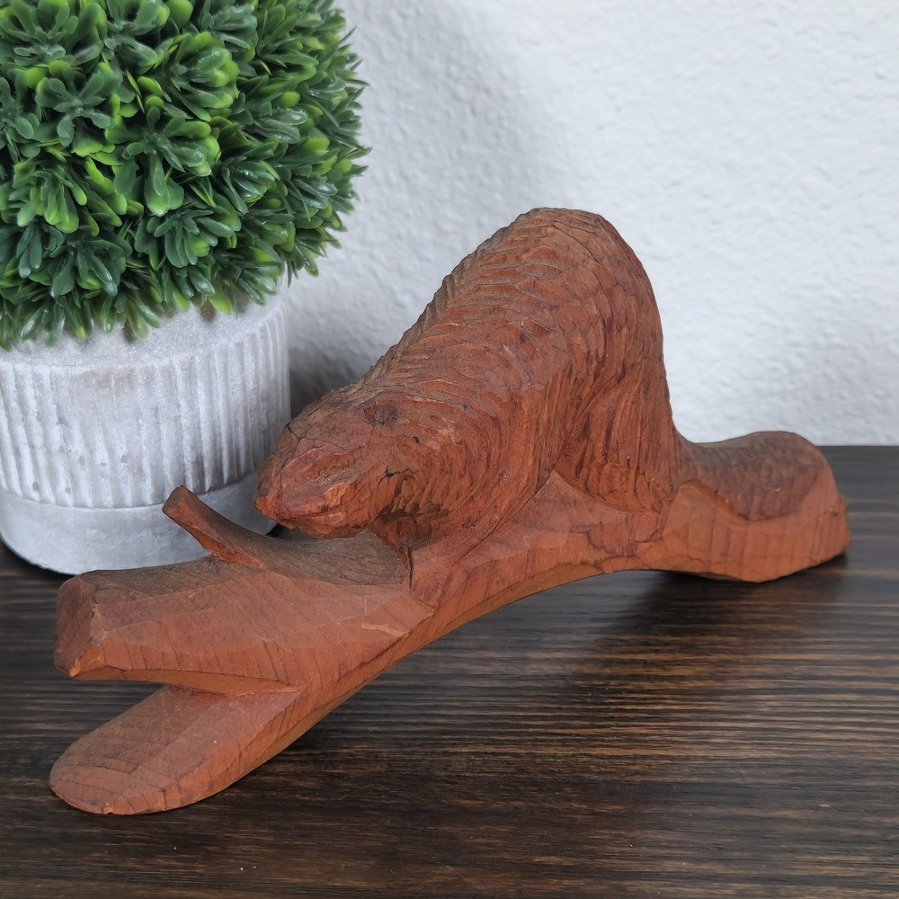 Hand Carved Wooden Beaver on Branch Rustic‎ Woodland Animal Figurine Decor